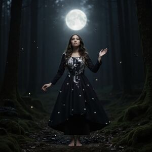 Vintage Moon Feather Print Dress ✦ Black High-Low Long Sleeve ✦ Rope Belt Pocket